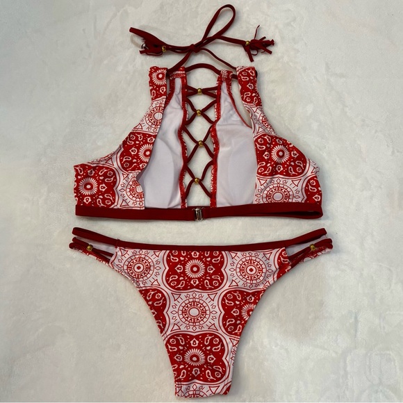 SHEIN Women’s Tribal Aztec Geometric Halter Top High Waist Bikini - red, size L - Picture 3 of 10